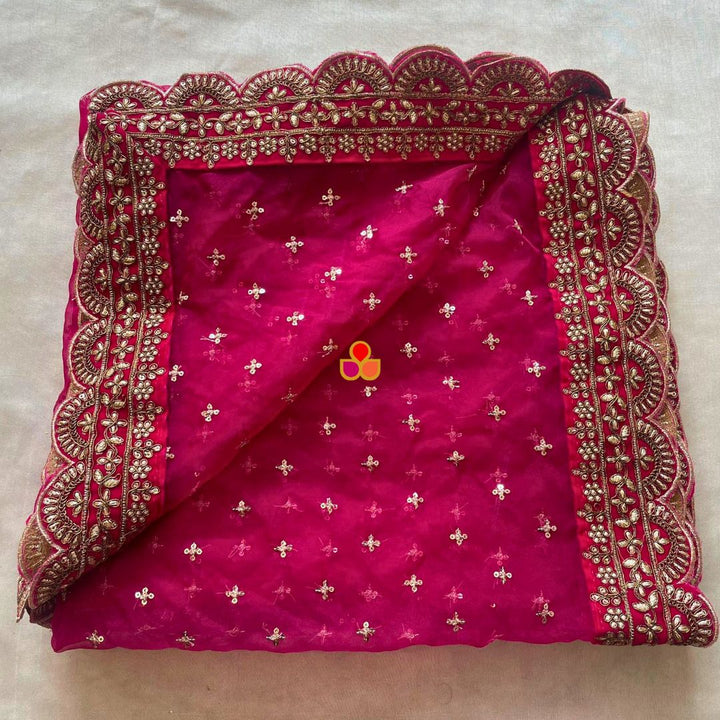 anokherang Dupattas Bridal Shagun Pink Sequin Organza Scalloped  Dupatta