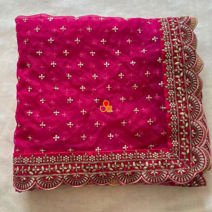 anokherang Dupattas Bridal Shagun Pink Sequin Organza Scalloped  Dupatta
