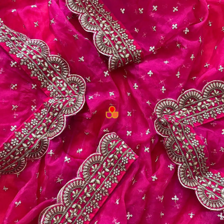 anokherang Dupattas Bridal Shagun Pink Sequin Organza Scalloped  Dupatta