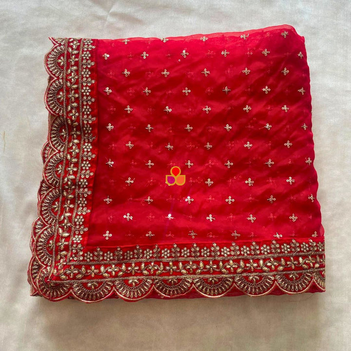 anokherang Dupattas Bridal Shagun Red Sequin Organza Scalloped  Dupatta