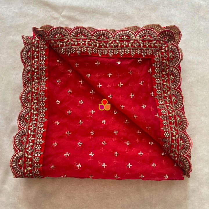 anokherang Dupattas Bridal Shagun Red Sequin Organza Scalloped  Dupatta