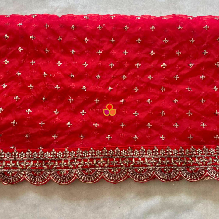 anokherang Dupattas Bridal Shagun Red Sequin Organza Scalloped  Dupatta