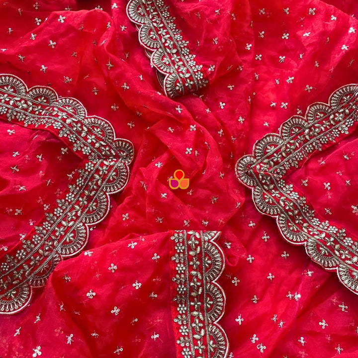 anokherang Dupattas Bridal Shagun Red Sequin Organza Scalloped  Dupatta