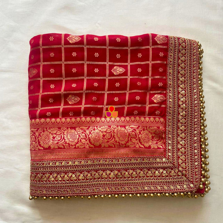 anokherang Dupattas Bridal Sindoori Banarsi Red Zari Embroidered Georgette Dupatta
