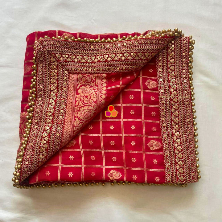 anokherang Dupattas Bridal Sindoori Banarsi Red Zari Embroidered Georgette Dupatta