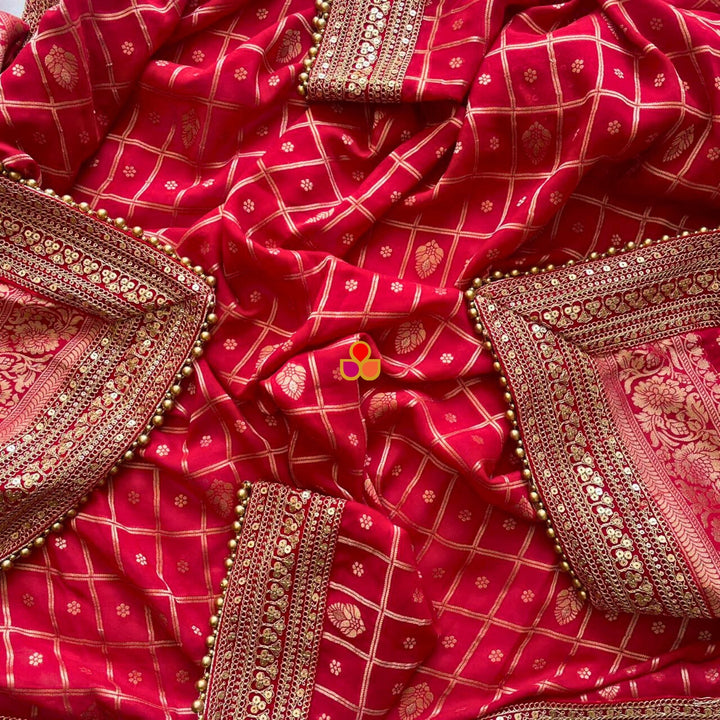 anokherang Dupattas Bridal Sindoori Banarsi Red Zari Embroidered Georgette Dupatta