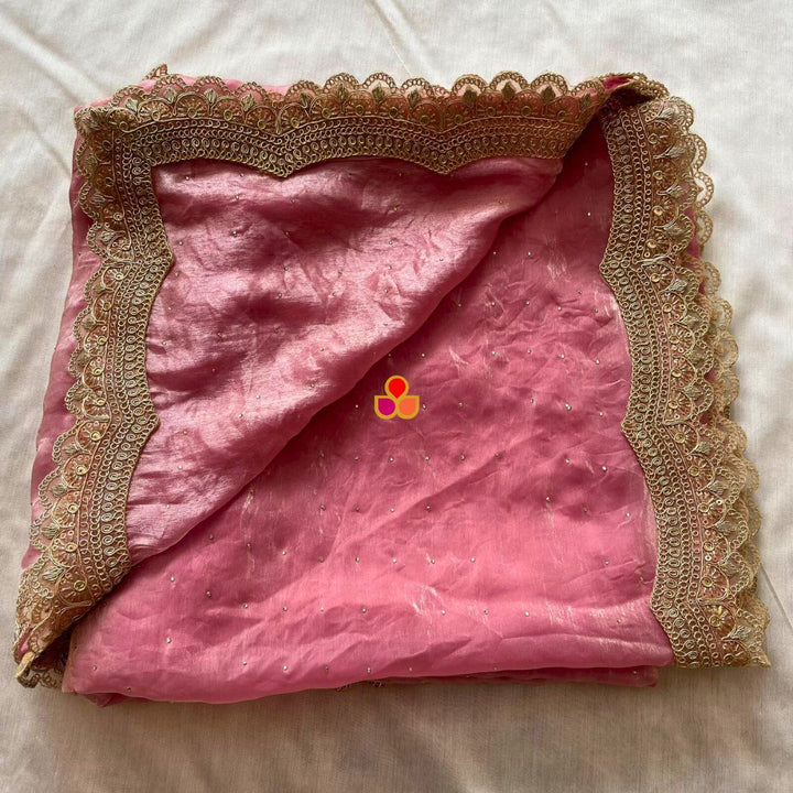 anokherang Dupattas Bridal Soft Blush Pink Swarovski Tissue Silk Dupatta