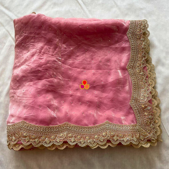 anokherang Dupattas Bridal Soft Blush Pink Swarovski Tissue Silk Dupatta