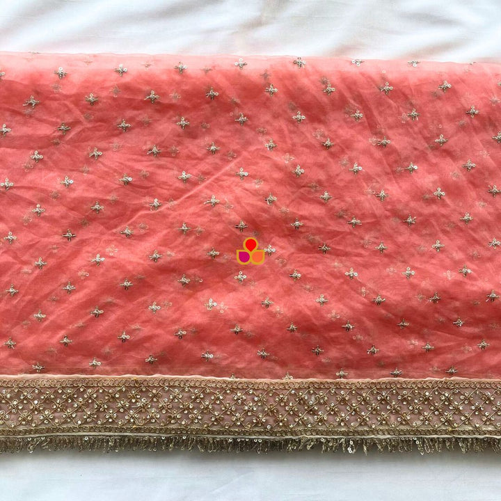 anokherang Dupattas Bridal Sunehri Peach Sequin Gotta Patti Embroidered Organza Dupatta