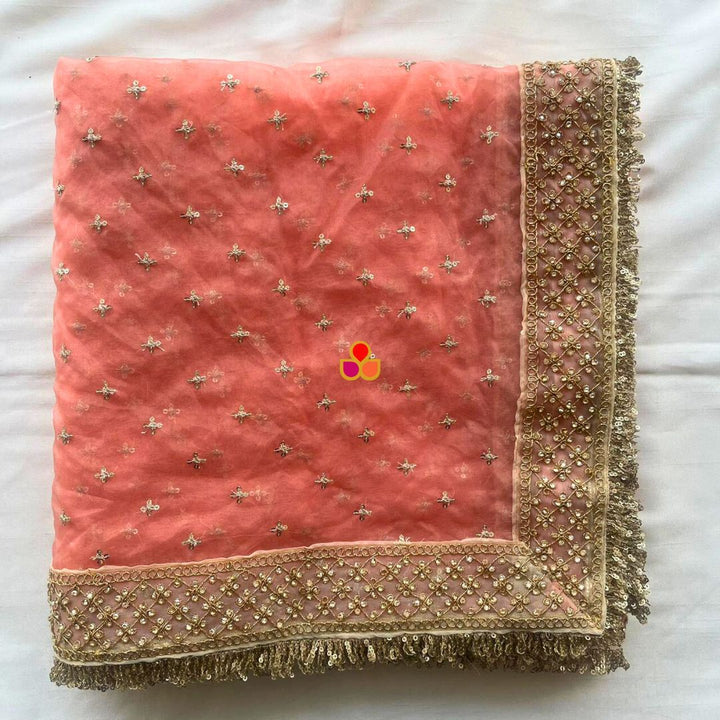 anokherang Dupattas Bridal Sunehri Peach Sequin Gotta Patti Embroidered Organza Dupatta