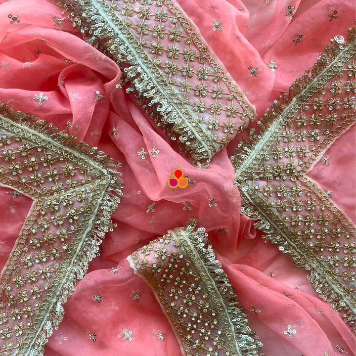 anokherang Dupattas Bridal Sunehri Peach Sequin Gotta Patti Embroidered Organza Dupatta