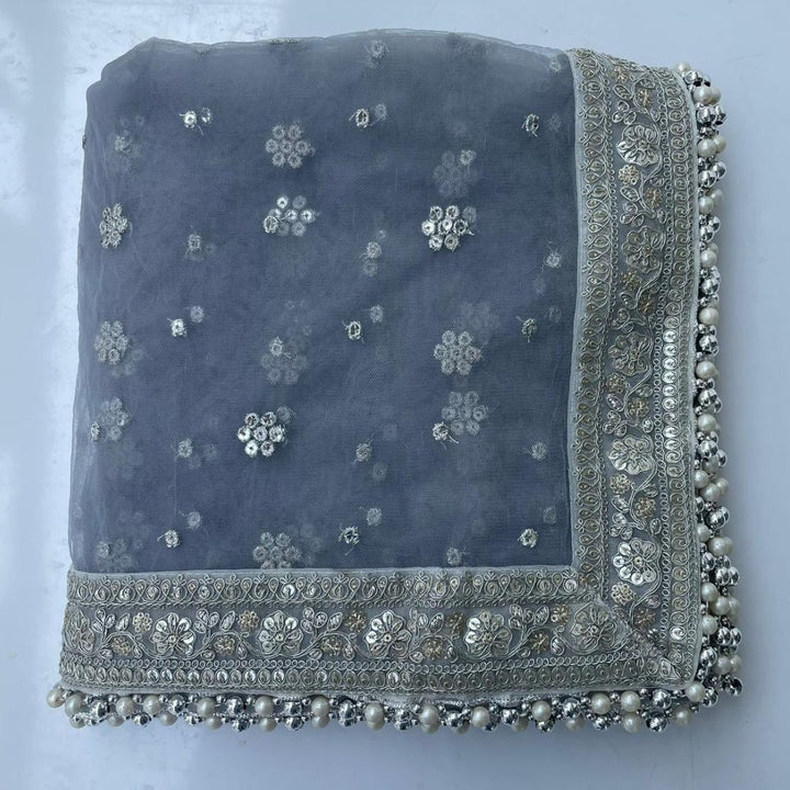 anokherang Dupattas Bridal Tara Grey Zari Embroidered Net Sequin Dupatta