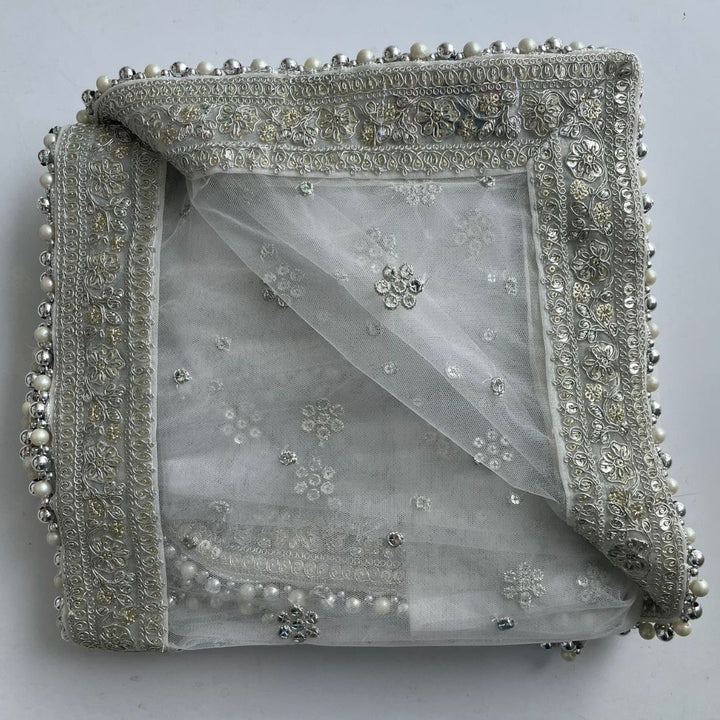 anokherang Dupattas Bridal Tara Ivory Silver Embroidered Net Sequin Dupatta
