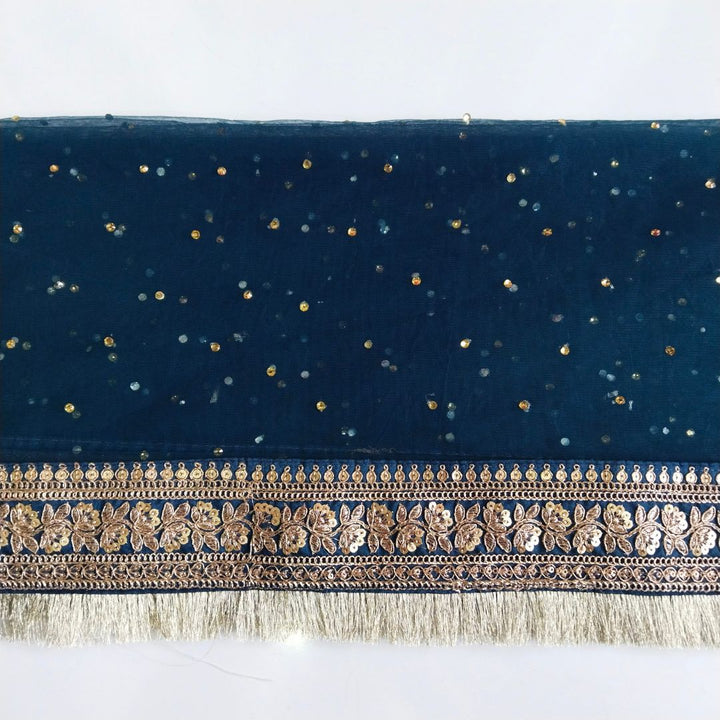 anokherang Dupattas Bridal Teal Blue Gold Zari Embroidered Net Stone Fringe Dupatta