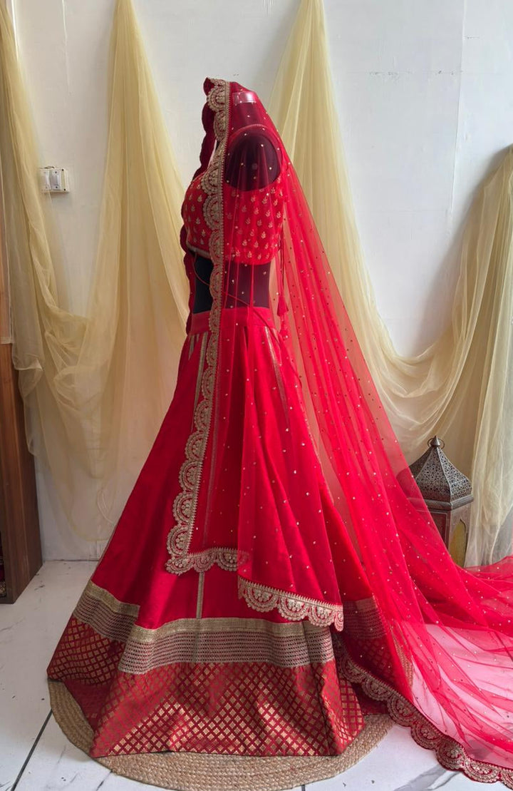 anokherang Dupattas Bridal Veil Red Saugaat Stone Scalloped Net Veil