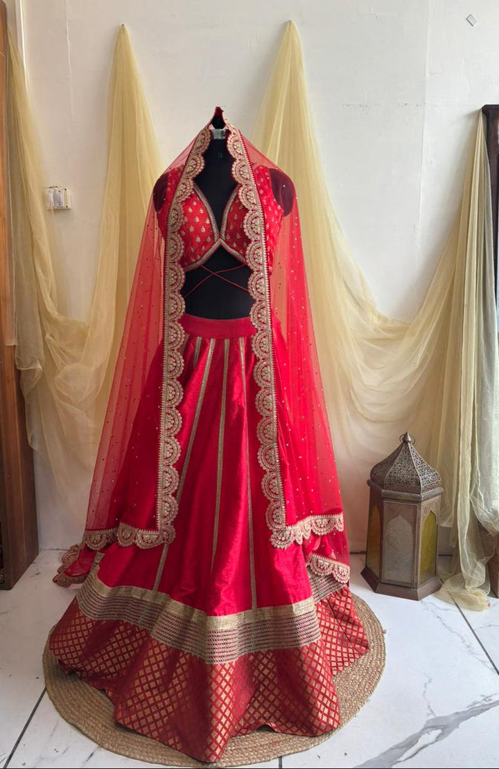 anokherang Dupattas Bridal Veil Red Saugaat Stone Scalloped Net Veil
