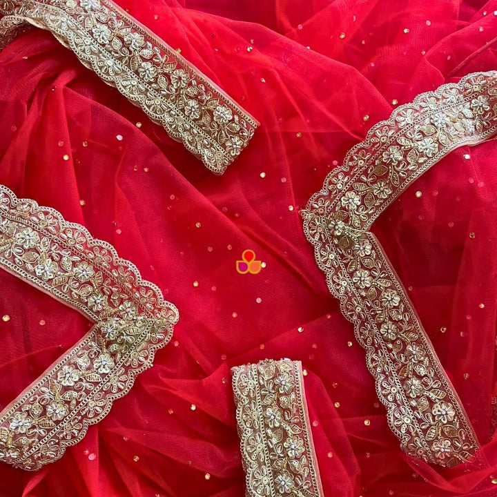 Bridal Zareen Red Stone Hand Embroidered Net Dupatta – anokherang