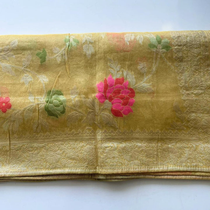 anokherang Dupattas Canary Yellow Floral Tissue Dupatta