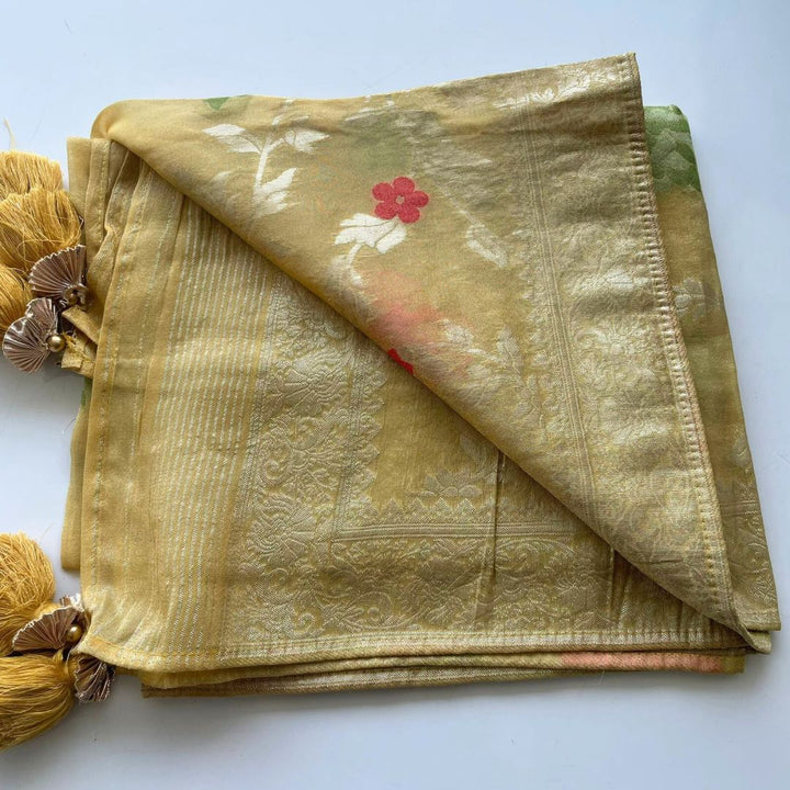 anokherang Dupattas Canary Yellow Floral Tissue Dupatta