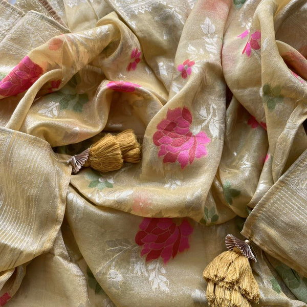 anokherang Dupattas Canary Yellow Floral Tissue Dupatta