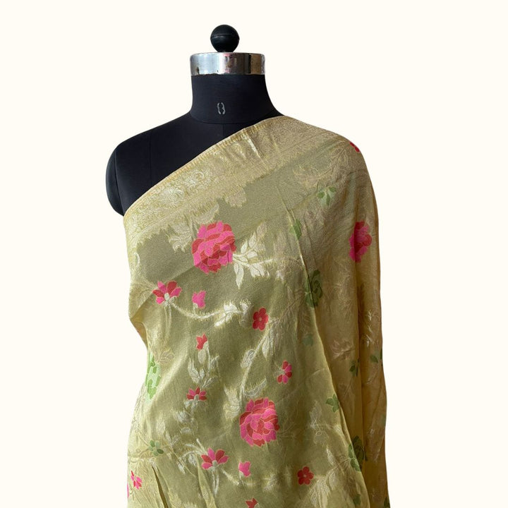 anokherang Dupattas Canary Yellow Floral Tissue Dupatta