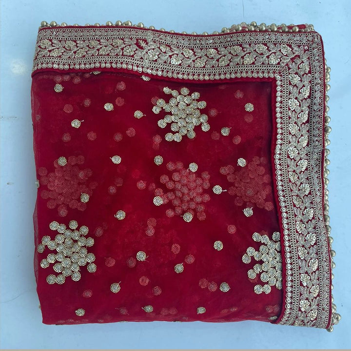 anokherang Dupattas Copy of Bridal Beauty Red Trail Stone Saubhaugyavati Net Dupatta