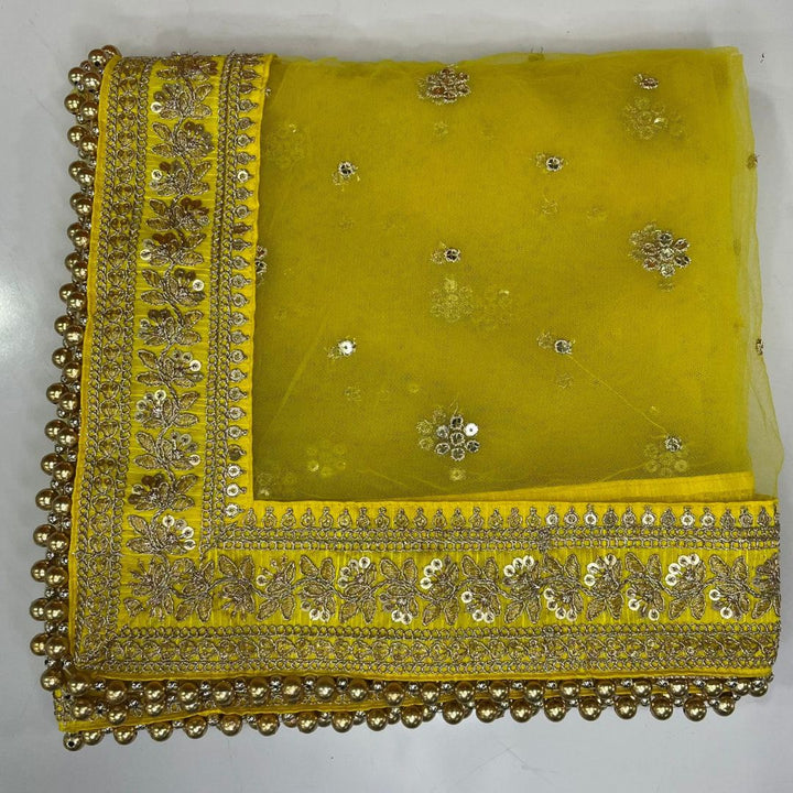 anokherang Dupattas Copy of Bridal Noor Yellow Zari Embroidered Net Stone Dupatta