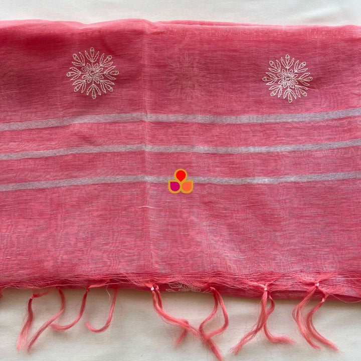 anokherang Dupattas Coral Pink Blossom Thread Embroidered Linen Dupatta