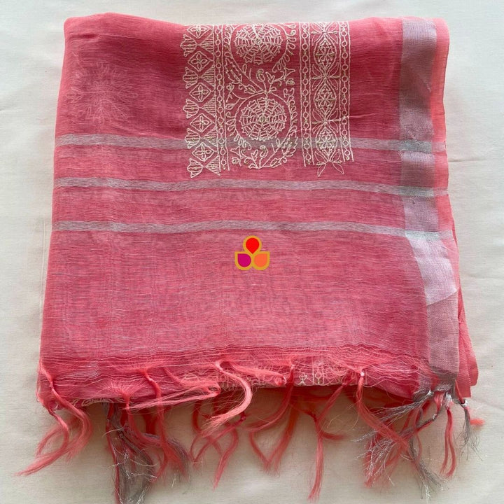 anokherang Dupattas Coral Pink Blossom Thread Embroidered Linen Dupatta