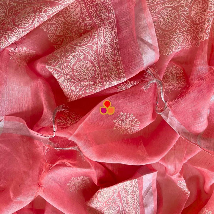 anokherang Dupattas Coral Pink Blossom Thread Embroidered Linen Dupatta