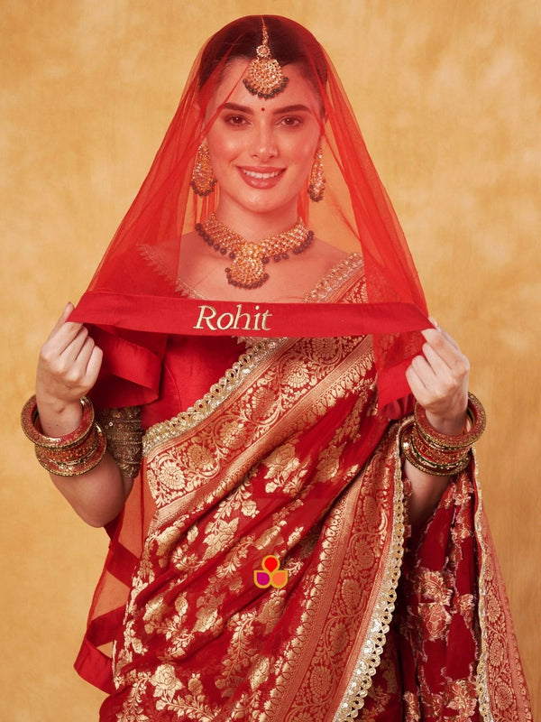 anokherang Dupattas Custom Bridal Red Embroidered Net Head Dupatta with with any Text of your Choice (Name, Hashtags, Date, Message to your loved one etc.) up to 12 characters (Copy)
