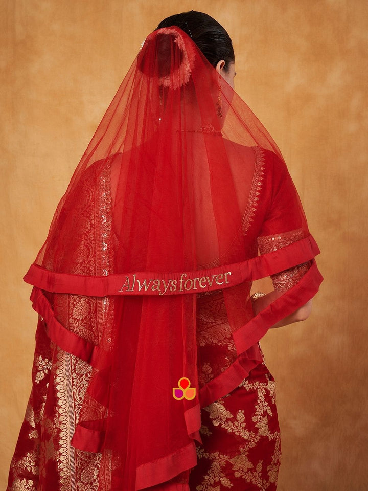 anokherang Dupattas Custom Bridal Red Embroidered Net Head Dupatta with with any Text of your Choice (Name, Hashtags, Date, Message to your loved one etc.) up to 12 characters (Copy)