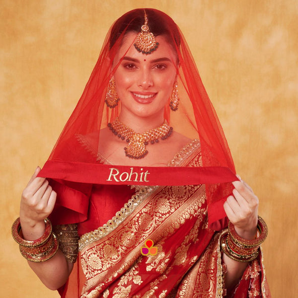 anokherang Dupattas Custom Bridal Red Embroidered Net Head Veil with with any Text of your Choice (Name, Hashtags, Date, Message to your loved one etc.) up to 12 characters