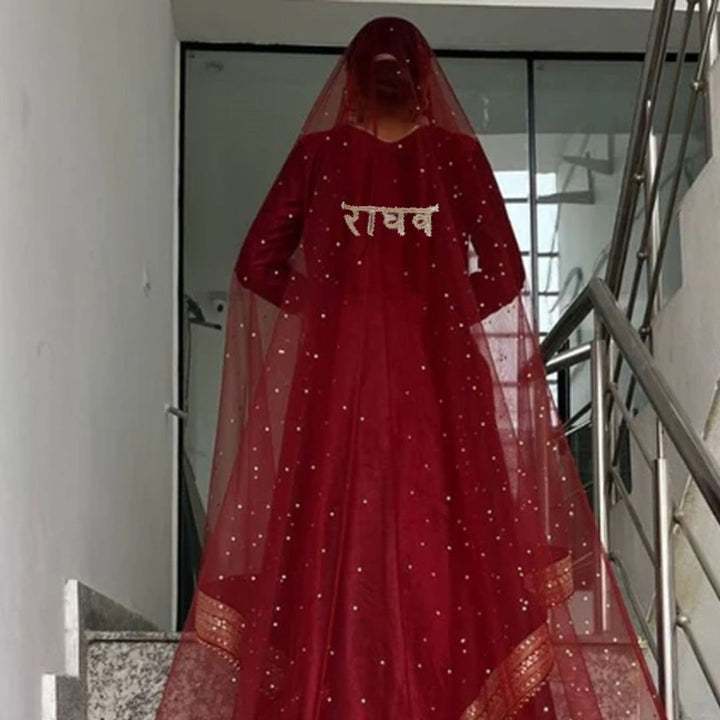 anokherang Dupattas Customized Bridal Maroon Queen Trail Net Dupatta with with any Text of your Choice (Name, Hashtags, Date, Message to your loved one etc.) up to 12 characters (Copy)