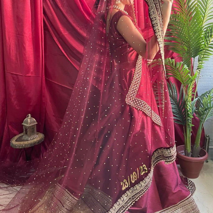 anokherang Dupattas Customized Bridal Maroon Queen Trail Net Dupatta with with any Text of your Choice (Name, Hashtags, Date, Message to your loved one etc.) up to 12 characters