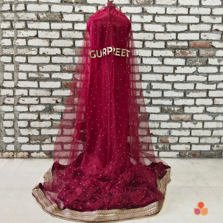 anokherang Dupattas Customized Bridal Maroon Trail Net Dupatta with with any Text of your Choice (Name, Hashtags, Date, Message to your loved one etc.) up to 12 characters