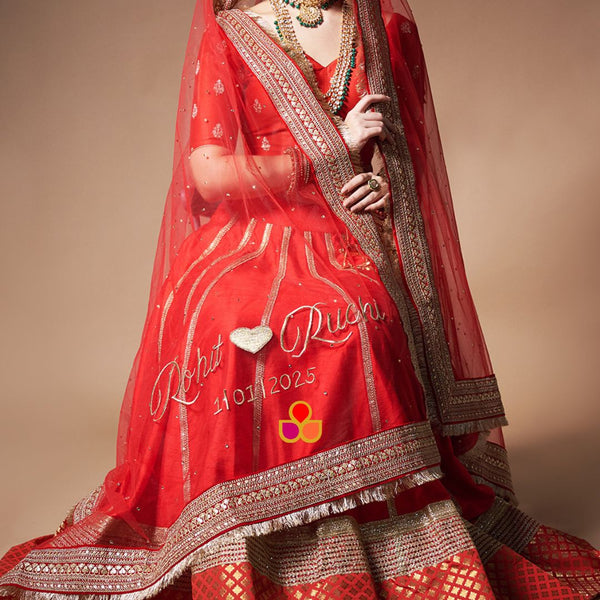 anokherang Dupattas Customized Bridal Queen Red Stone Embroidered Fringed Net Dupatta with any Text of your Choice (Name, Hashtags, Date, Message to your loved one etc.) up to 12 characters