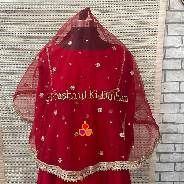 anokherang Dupattas Customized Bridal Red Heer Trail Net Detachable Dupatta with with any Text of your Choice (Name, Hashtags, Date, Message to your loved one etc.) up to 12 characters