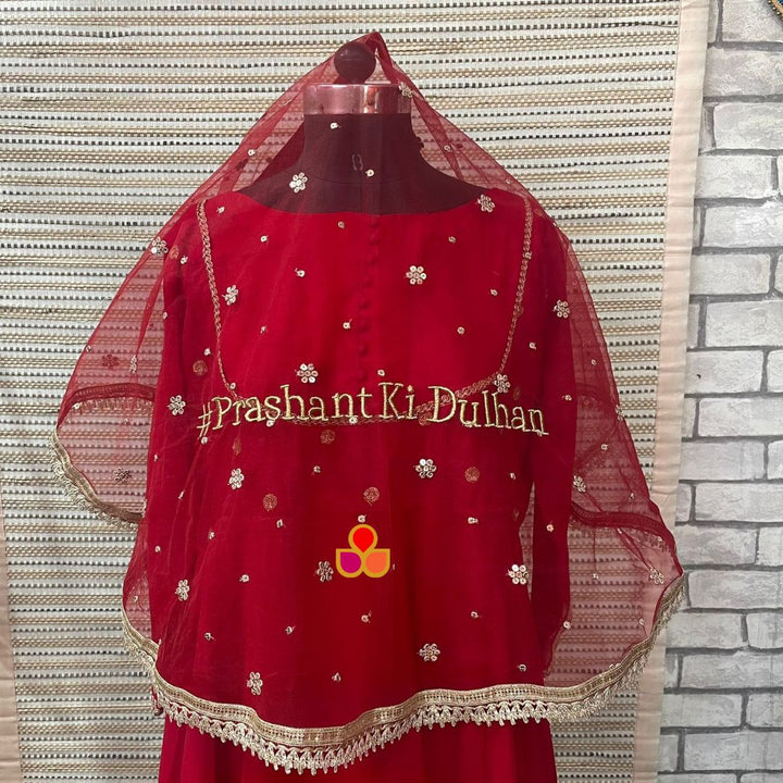 anokherang Dupattas Customized Bridal Red Heer Trail Net Detachable Dupatta with with any Text of your Choice (Name, Hashtags, Date, Message to your loved one etc.) up to 12 characters