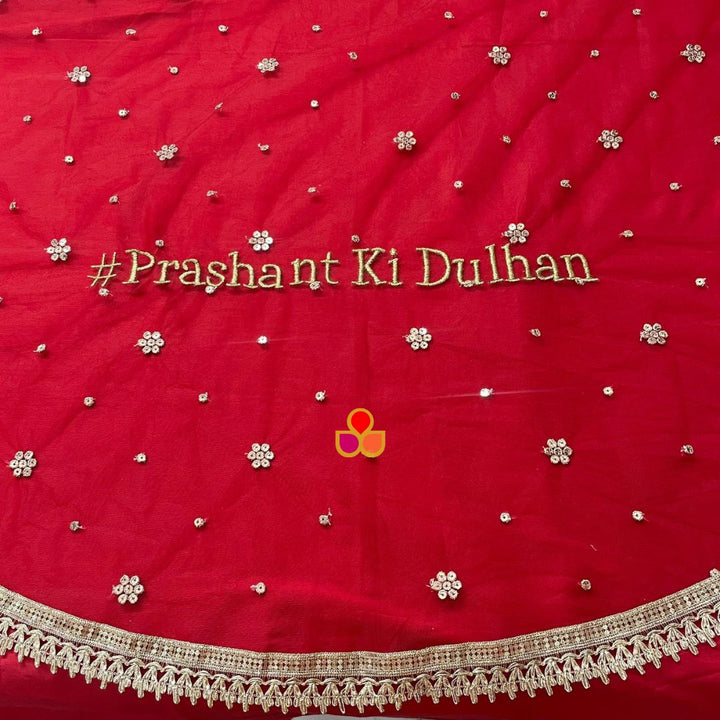 anokherang Dupattas Customized Bridal Red Heer Trail Net Detachable Dupatta with with any Text of your Choice (Name, Hashtags, Date, Message to your loved one etc.) up to 12 characters