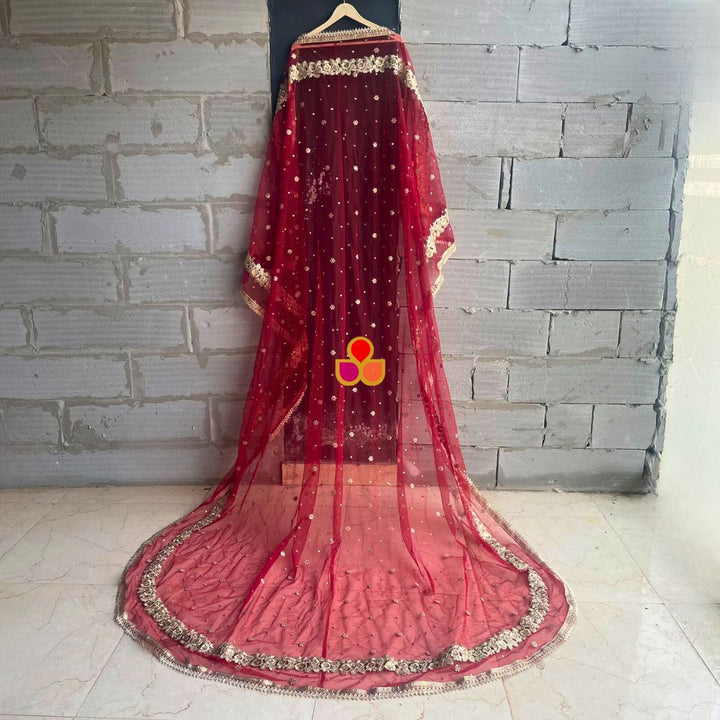 anokherang Dupattas Customized Bridal Red Heer Trail Net Detachable Dupatta with with any Text of your Choice (Name, Hashtags, Date, Message to your loved one etc.) up to 12 characters