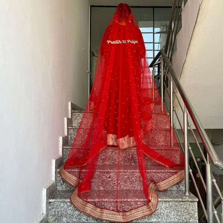anokherang Dupattas Customized Bridal Red Queen Trail Net Dupatta with with any Text of your Choice (Name, Hashtags, Date, Message to your loved one etc.) up to 12 characters (Copy)
