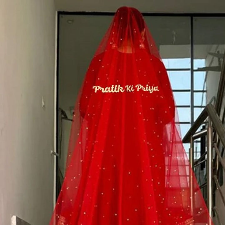 anokherang Dupattas Customized Bridal Red Queen Trail Net Dupatta with with any Text of your Choice (Name, Hashtags, Date, Message to your loved one etc.) up to 12 characters (Copy)