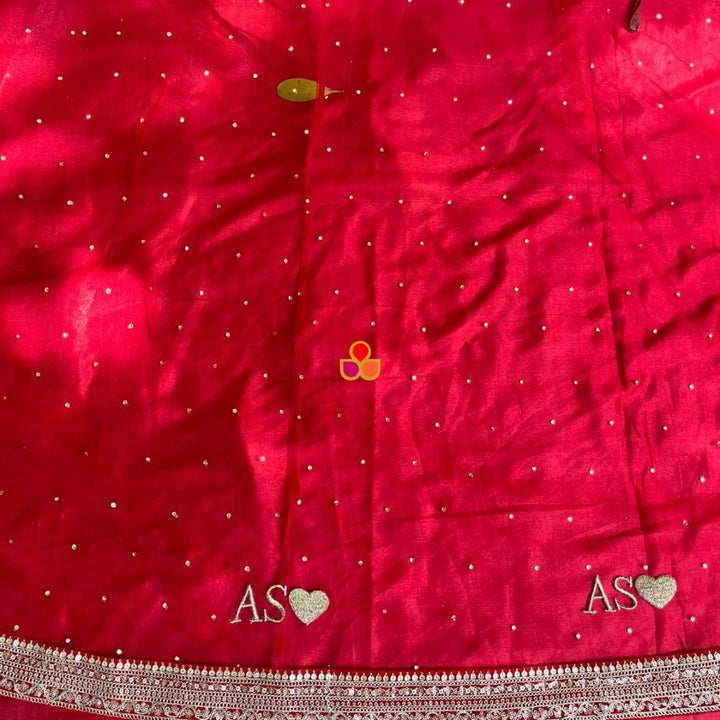 anokherang Dupattas Customized Bridal Red Saugaat Trail Net Stone Dupatta with with any Text of your Choice (Name, Hashtags, Date, Message to your loved one etc.) up to 12 characters