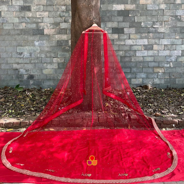 anokherang Dupattas Customized Bridal Red Saugaat Trail Net Stone Dupatta with with any Text of your Choice (Name, Hashtags, Date, Message to your loved one etc.) up to 12 characters