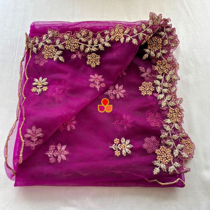 anokherang Dupattas Deep Fuchsia Zari Embroidered Net Dupatta