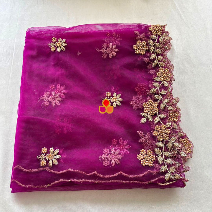 anokherang Dupattas Deep Fuchsia Zari Embroidered Net Dupatta