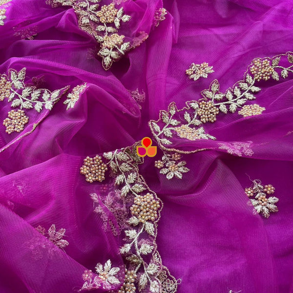 anokherang Dupattas Deep Fuchsia Zari Embroidered Net Dupatta