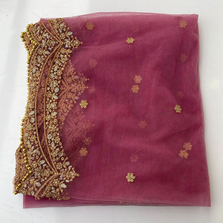 anokherang Dupattas Deep Mauve Sequin Embroidered Scalloped Net Dupatta