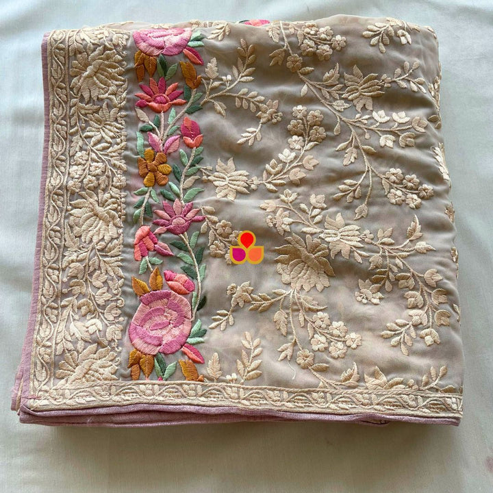 anokherang Dupattas Dusty Lavender Embroidered Parsi Gara Georgette Multicolor Thread Work Dupatta